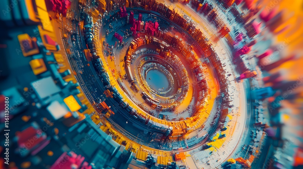 Poster an abstract swirl of vibrant colors depicting the dynamic movement within a modern technological env