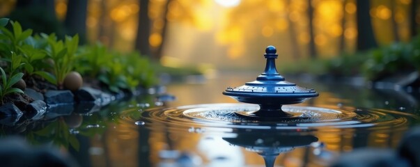 Distant spinning top with blurred surroundings and reflected light on water surface, optical illusion, symmetry, top