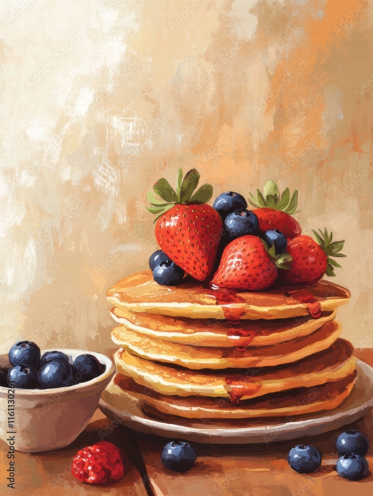 Poster delicious stack of golden pancakes topped with fresh strawberries and blueberries on a table. genera