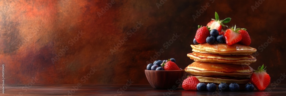 Poster delicious stack of golden pancakes topped with fresh strawberries and blueberries on rustic wooden t