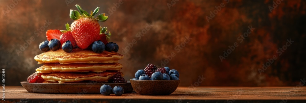 Poster delightful stack of golden pancakes topped with fresh strawberries and blueberries arranged on a rus
