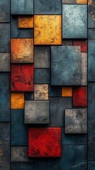 Abstract Geometric Pattern of Textured Squares in Deep Hues