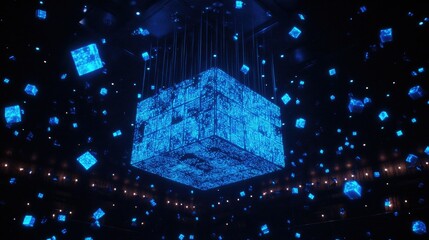 Glowing blue cubes falling and suspended in dark space.