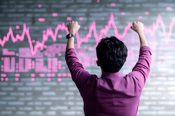 Man celebrating successful stock market investment, arms raised, viewing positive financial graph data on screen.
