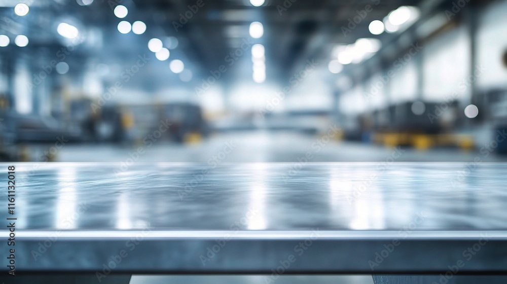 Aufkleber blurred background of empty steel table in factory environment