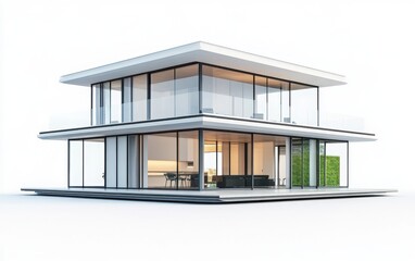 A high-quality 3D render of a modern two-story house with a flat roof and large glass panels, highlighting green details on a white background 