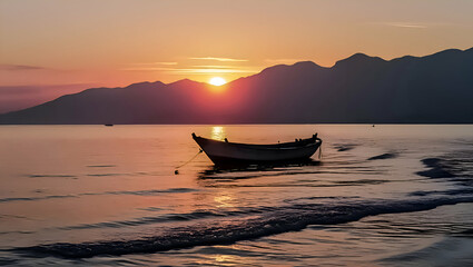 The sun dips below the horizon casting a warm orange and pink glow over the calm sea.Gentle waves lap against the shore and a small fishing boat drifts lazily in the water.