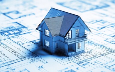 A high-quality 3D render of a modern two-story house blueprint, featuring blue details on a white background 