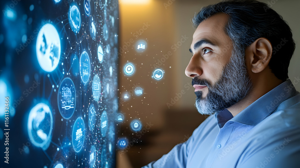 Poster a man examines a large screen displaying interconnected digital icons, representing data analysis an