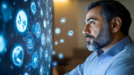 A man examines a large screen displaying interconnected digital icons, representing data analysis and technological innovation.