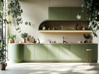 Chic Minimal Kitchen with Green Palette, Featuring Seamless Plant Integration