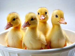 Cute baby ducks take a charming bath, their yellow fuzz glistening in the water.