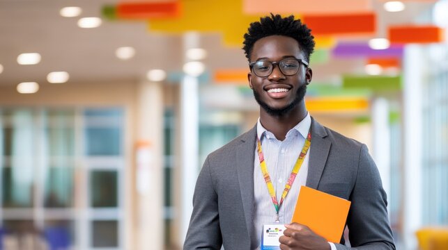 A smiling young man in a gray blazer holding an orange folder in a bright, colorful corporate setting with a professional name badge.