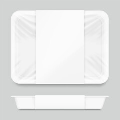 Clear tray container with label mockup. Vector illustration isolated on grey background. Layered template file easy to use for your promo product: meat of animals, chicken, fish. EPS10.