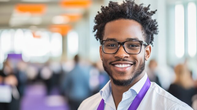 A smiling young man in a gray blazer holding an orange folder in a bright, colorful corporate setting with a professional name badge.