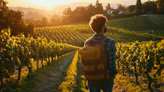 A lone traveler wearing a backpack stands amidst a sunlit vineyard at golden hour, surrounded by rows of grapevines stretching into the distance. The serene setting evokes a sense of exploration