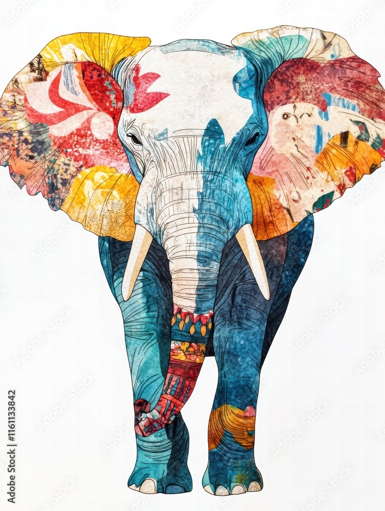Fototapete vibrant illustration of an elephant adorned with intricate patterns and colors against a clean backg