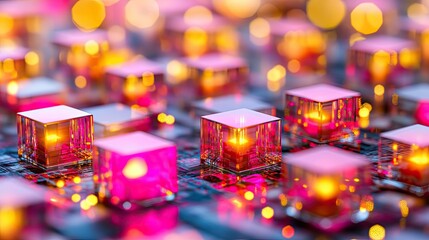 Glowing pink and orange cubic lights in a grid.