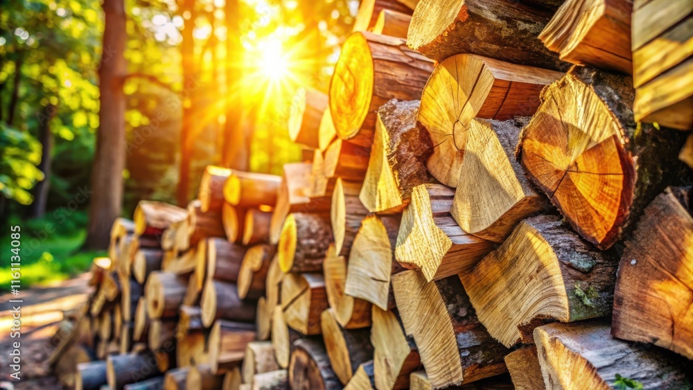 Fototapete A stack of neatly arranged firewood logs, bathed in the warm glow of the setting sun, creating a beautiful and rustic scene in a forest setting.