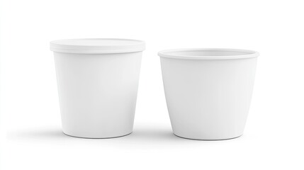 Two white disposable paper cups, one with a lid, isolated on white background.
