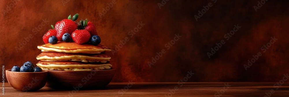 Aufkleber delicious stack of golden pancakes topped with fresh strawberries and blueberries on a rustic wooden