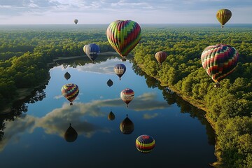 Obraz premium fleet of balloons soaring above lake surrounded by forests their reflections shimmering in calm water