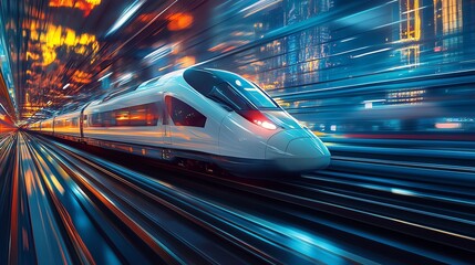 Fototapeta premium Futuristic High-Speed Train Gliding on Tracks with Motion Blur