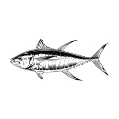 Illustration of a Yellow Fin Tuna sea fish with minimal color, black and white.