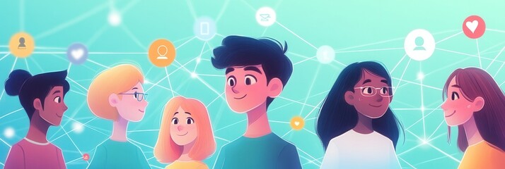 Digital Network Connections, vibrant interactions among individuals, illustrating collaboration in social media and human resources.