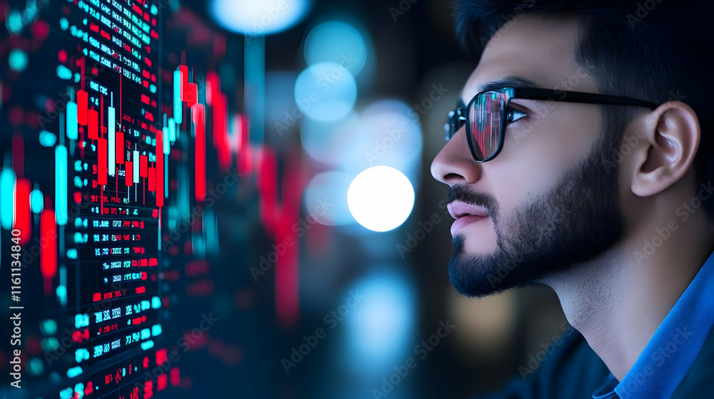 Poster focused businessman analyzing financial data on a large screen, illuminated by vibrant red and blue 