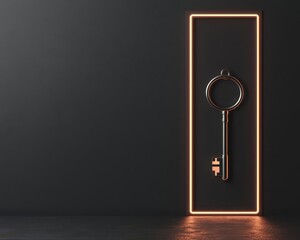Giant key unlocking a glowing door, symbol of opportunity, 3D illustration