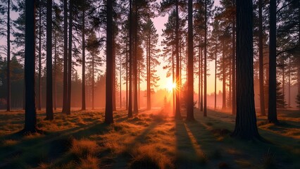 Obraz premium Golden Hour Sunset in a Pine Forest, Majestic Evergreens, Long Shadows, and Soft Pink Hues