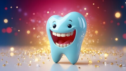 Naklejka premium 3D Happy Tooth on Festive Holiday Shiny Glowing Background, Perfect for Dental or Oral Health Ads 