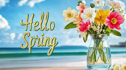 Vase with flowers on the background of a calm surface of the sea. Hello spring text