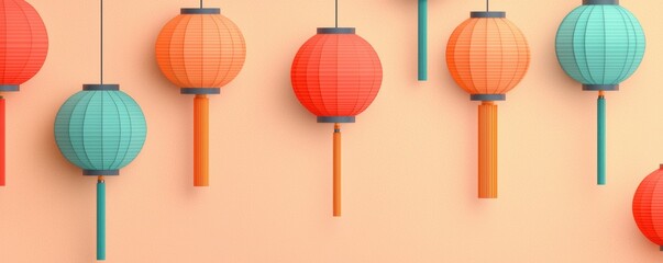 Chinese New Year theme background. Colorful paper lanterns hanging against a peach background create a festive atmosphere.