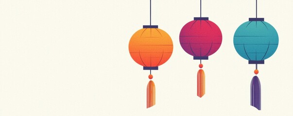 Chinese New Year theme background. Colorful hanging lanterns in vibrant shades against a light background.