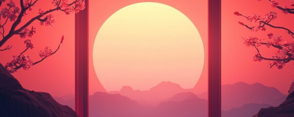 Chinese New Year theme background. Vibrant sunset framed by trees, casting a serene atmosphere in nature's beauty.