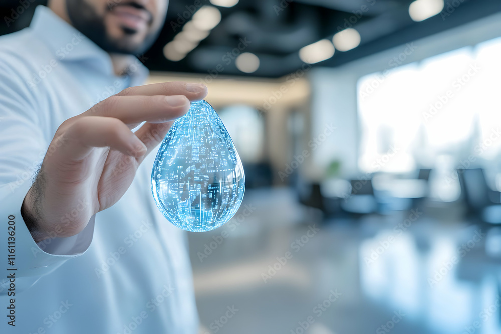 Poster man holding a transparent water drop with digital data inside, symbolizing digital water management 