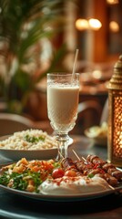 A tall glass of ayran on a table next to a delicious plate of Middle Eastern food, including kebab skewers, couscous, and a variety of dips, in a beautifully decorated dining setting with soft lightin