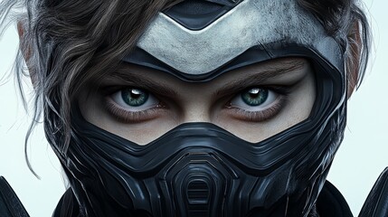 Intense Female Portrait in Worn Cyberpunk Mask with Green Eyes and Battle-Ready Look