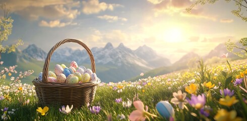 Colorful Easter eggs in a woven basket on a meadow under a sunny sky with mountains in the background