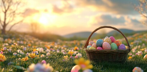 Colorful Easter eggs in a woven basket on a meadow under a sunny sky with mountains in the background