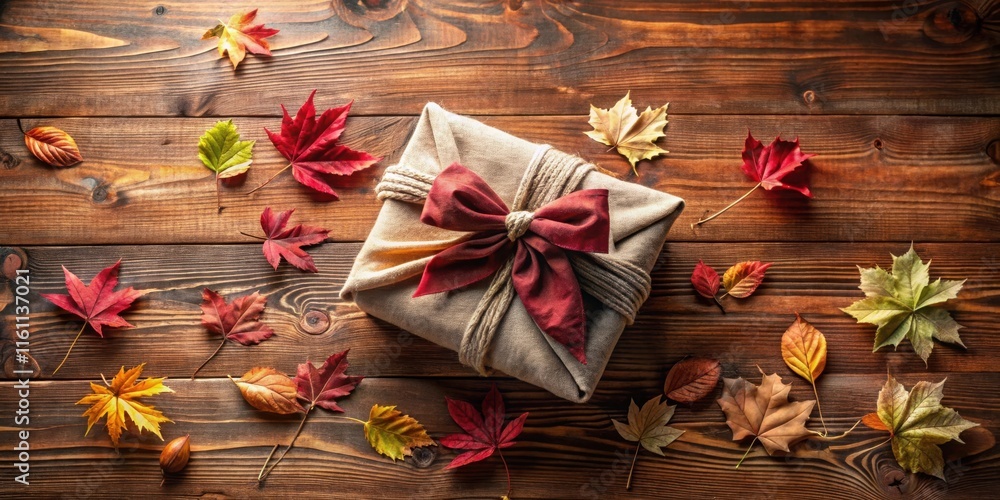 Poster A Rustic Autumn Gift Box with a Red Bow and Surrounded by Colorful Fall Leaves on a Wooden Surface