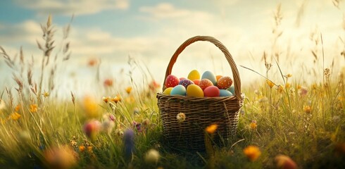 Colorful Easter eggs in a woven basket on a meadow under a sunny sky with mountains in the background