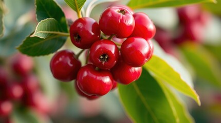 Obraz premium A cluster of vivid red cherries on a green-leafed branch in extreme macro close-up. Gentle and calming pastel hues, mild lighting, diffused shadows, and a tiny subject detail