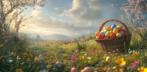 Colorful Easter eggs in a woven basket on a meadow under a sunny sky with mountains in the background