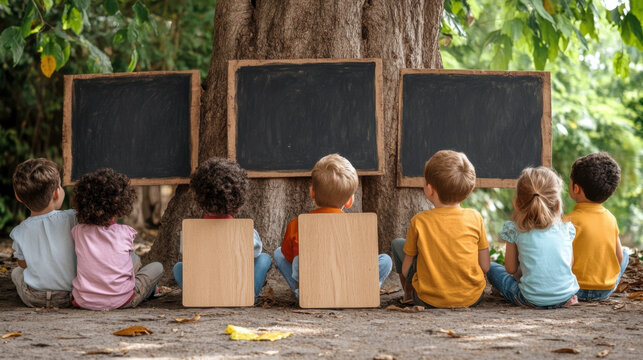 Humanitarian, A teacher conducts a lesson with children outdoors, emphasizing education, nature, and engagement in a vibrant learning environment.