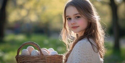 Young girl holds colorful Easter eggs in a basket, smiling warmly against a softly blurred background
