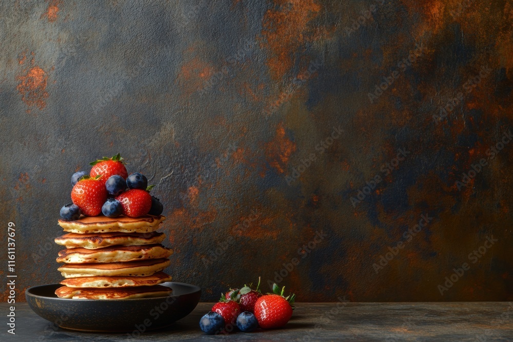Aufkleber delicious stack of golden pancakes topped with fresh strawberries and blueberries against a textured