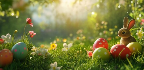 Rabbit among colorful Easter eggs in a sunlit garden during springtime